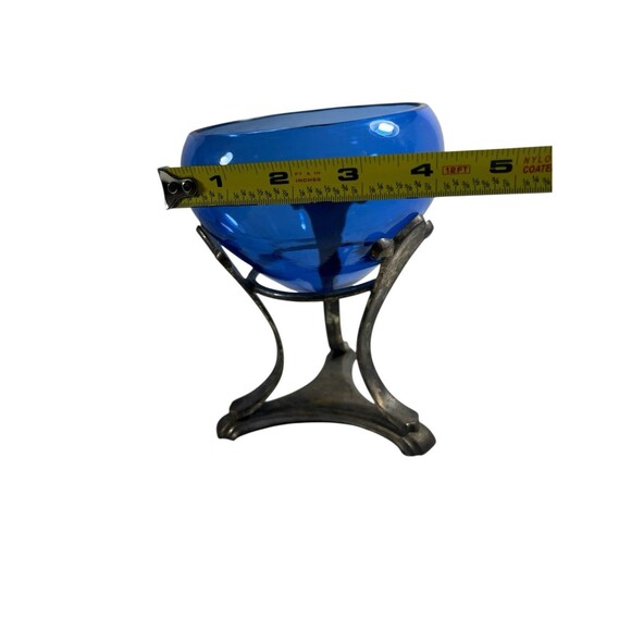 VTG Cobalt Blue Glass Pedestal Compote Apothecary Jar Hand Blown Silver Overlay - Picture 3 of 16